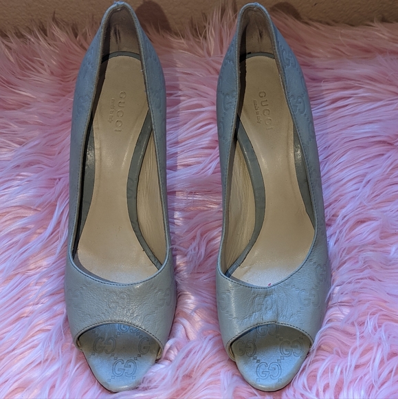 Gucci Monogram Baby Blue Open Heeled Pumps Authentic - Picture 3 of 12
